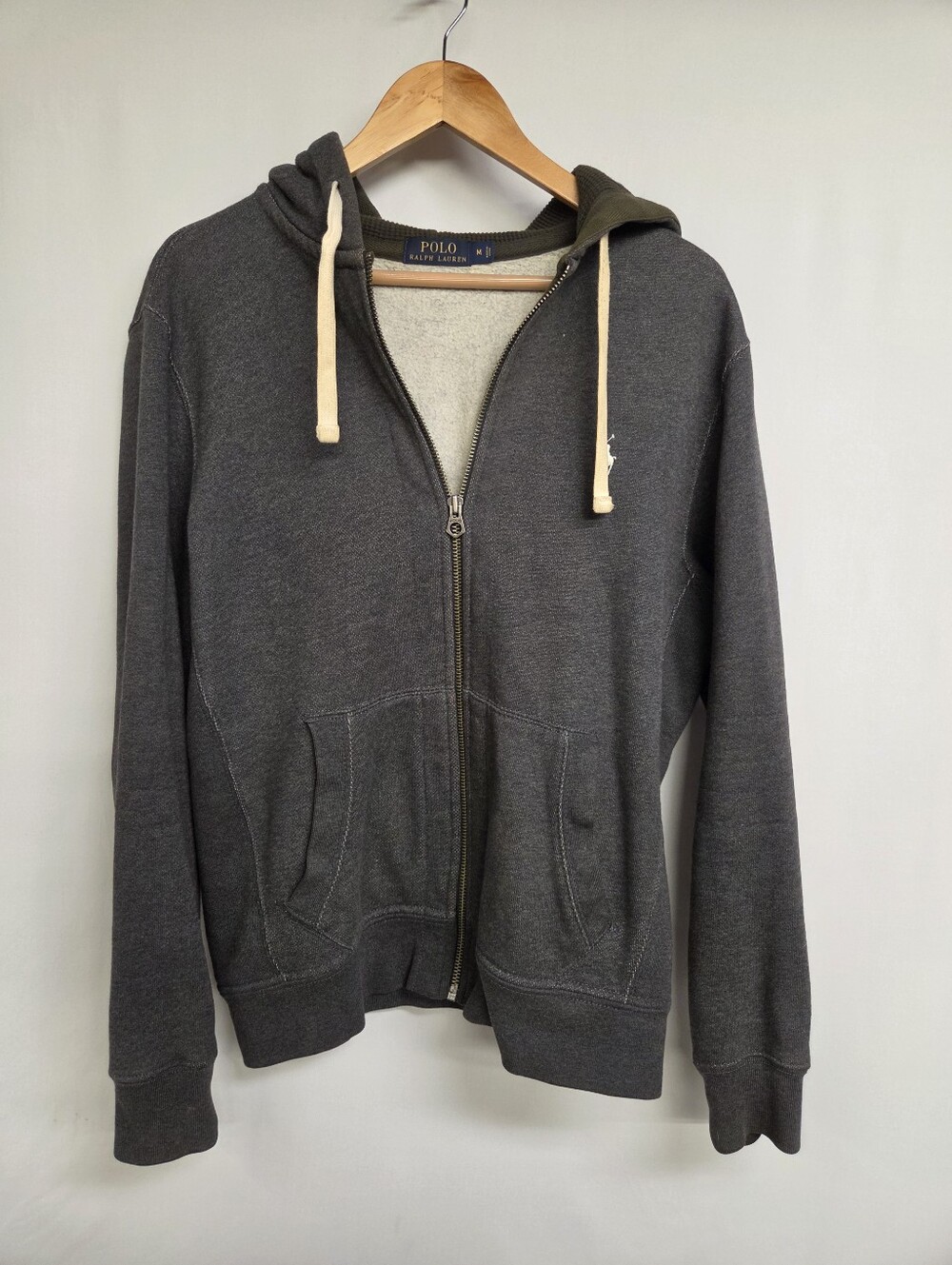 Polo Ralph Lauren Waffle Knit Thermal Hood Full Zip Fleece Hoodie Gray Medium